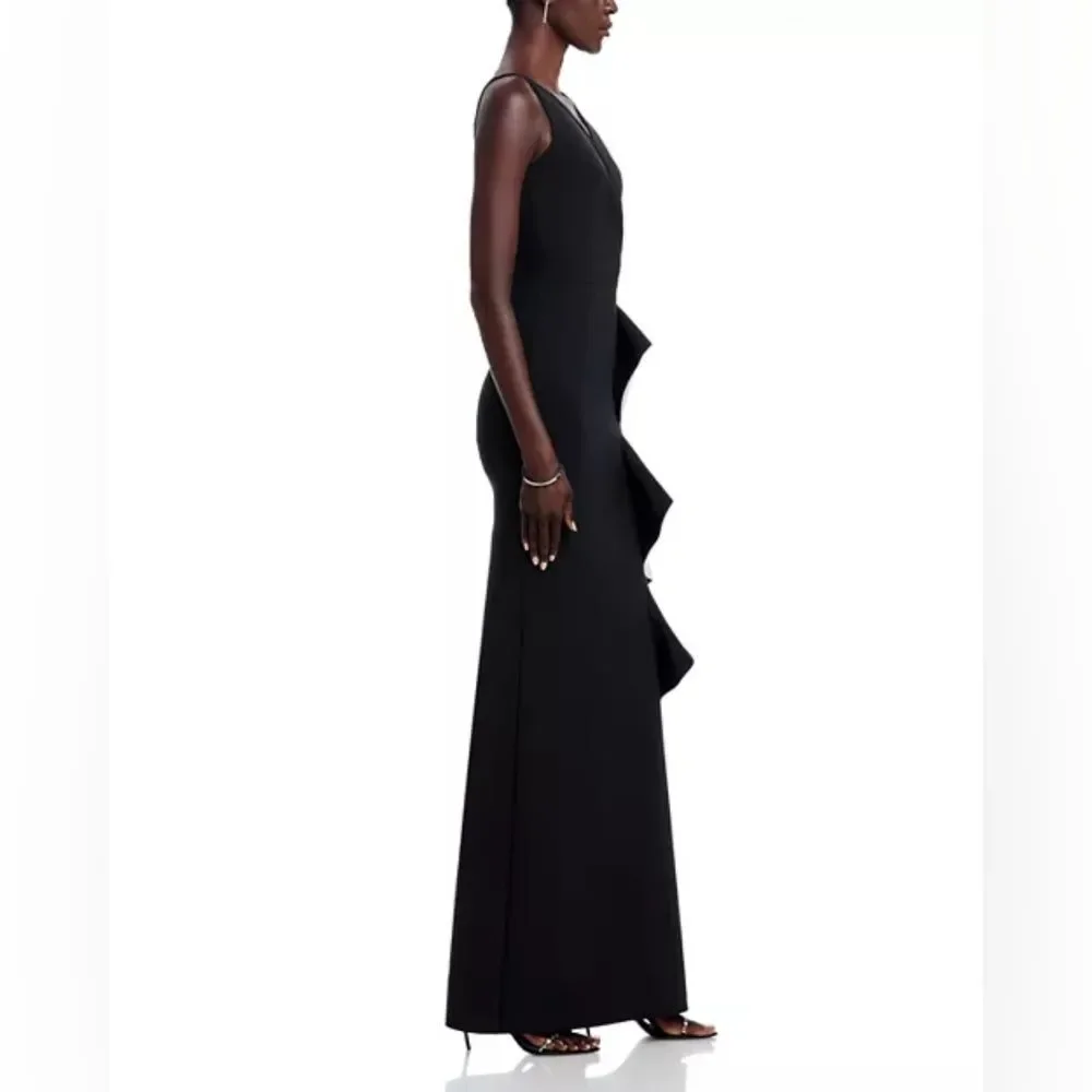 Chiara Boni La Petite Robe Sangiovanna Ruffle Long Gown Dress Black 12 NWT